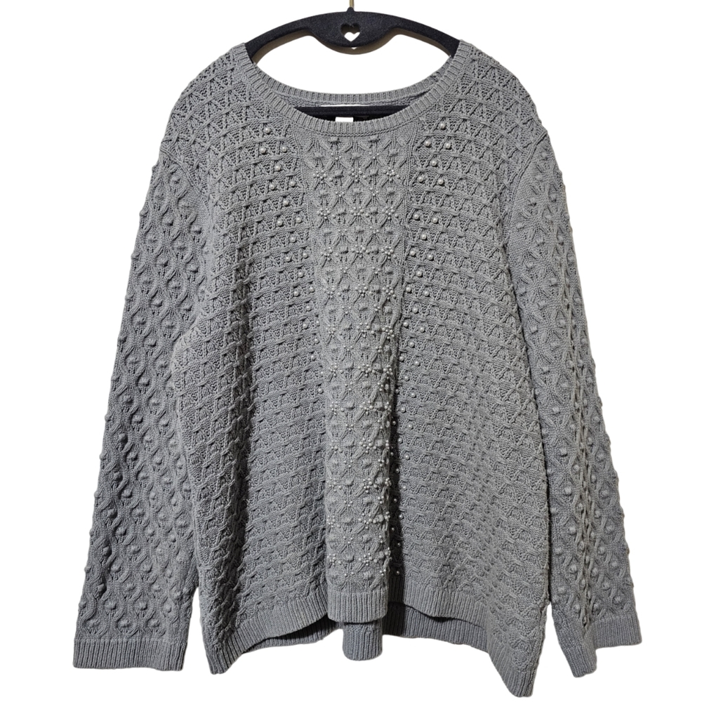 Like New Coldwater Creek Gray Knitted Faux Pearl Sweater